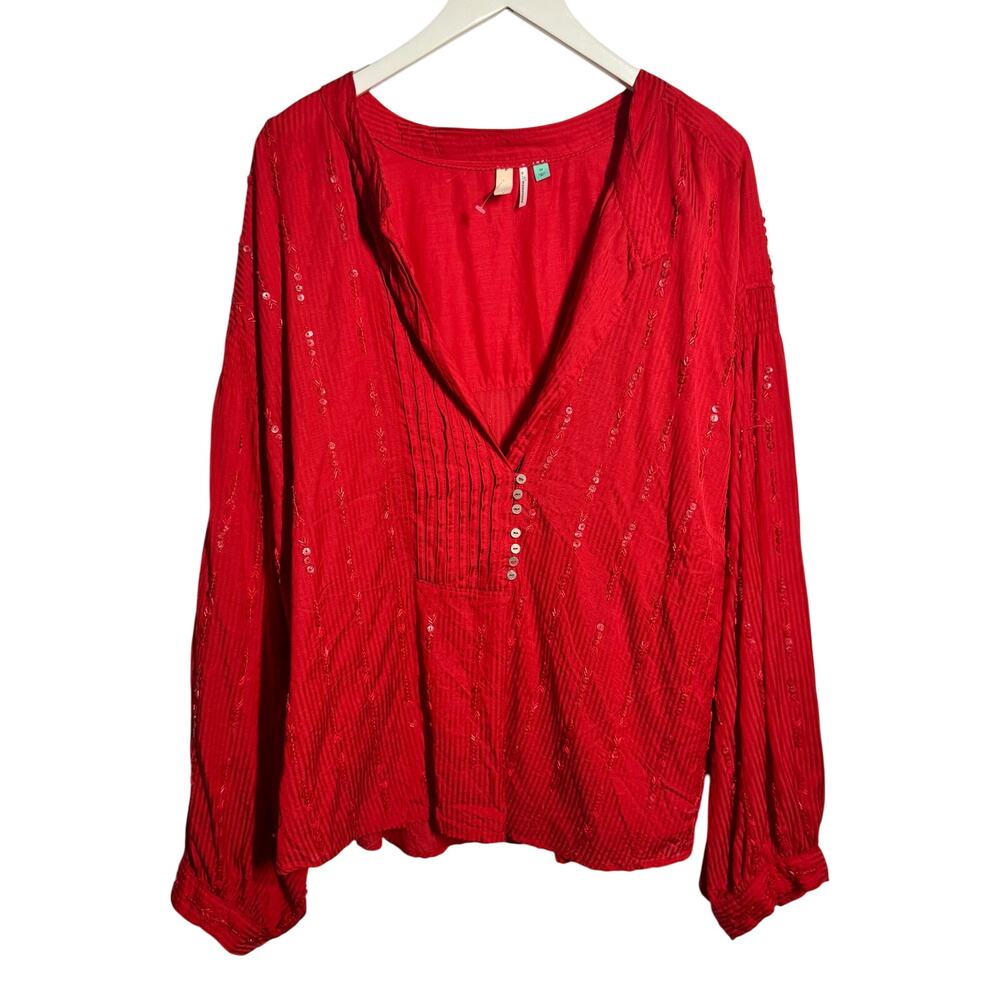 Anthropologie Pilcro Pintucked Buttondown Plus Size Blouse Women 3X Red Boho Top